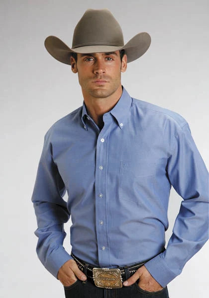 Chemise western Stetson 3868 Oxford Uni (Bleue) pour homme
