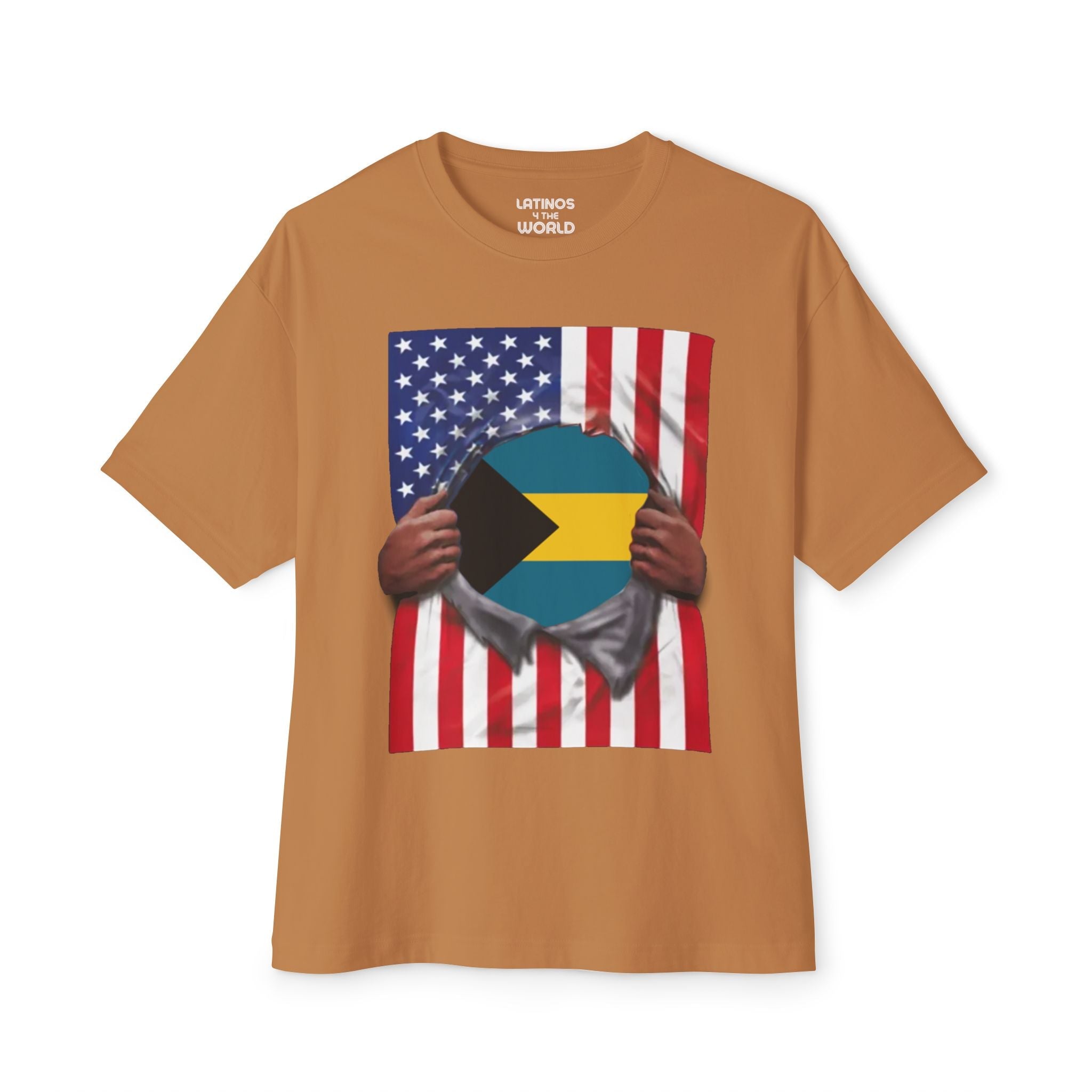 T-shirt Bahamas + drapeau des États-Unis | Drapeaux bahaméen et américain déchirés pour le 4 juillet | T-shirts humoristiques latinos | 4 couleurs