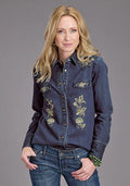 Chemise en jean Stetson à broderies florales (Bleue) - Femme