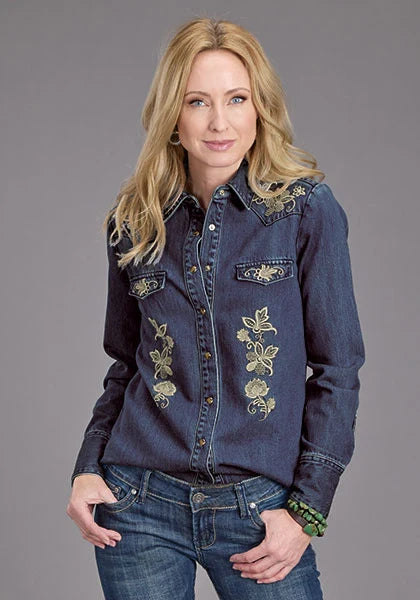 Chemise en jean Stetson à broderies florales (Bleue) - Femme