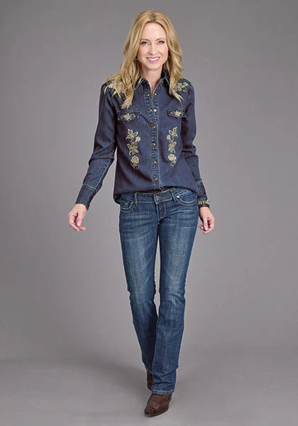 Chemise en jean Stetson à broderies florales (Bleue) - Femme