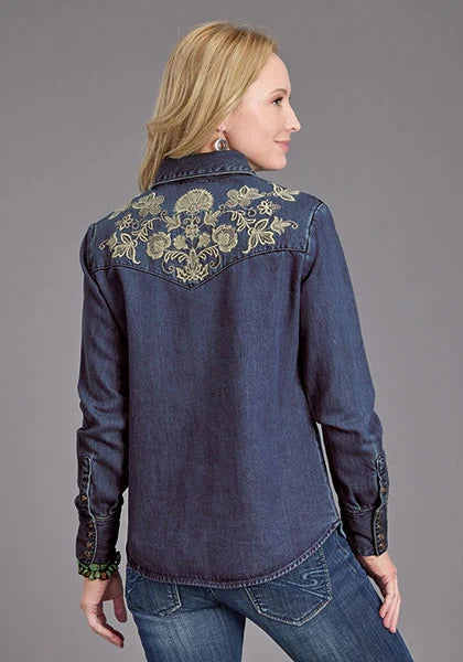 Chemise en jean Stetson à broderies florales (Bleue) - Femme