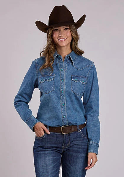 Chemisier en jean Stetson 2551 à boutons-pression turquoise (bleu) - Femme