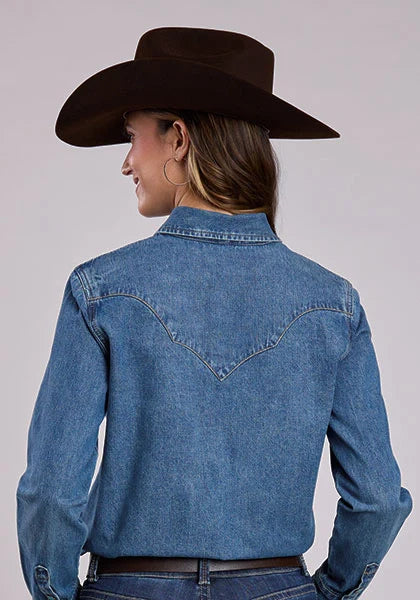 Chemisier en jean Stetson 2551 à boutons-pression turquoise (bleu) - Femme