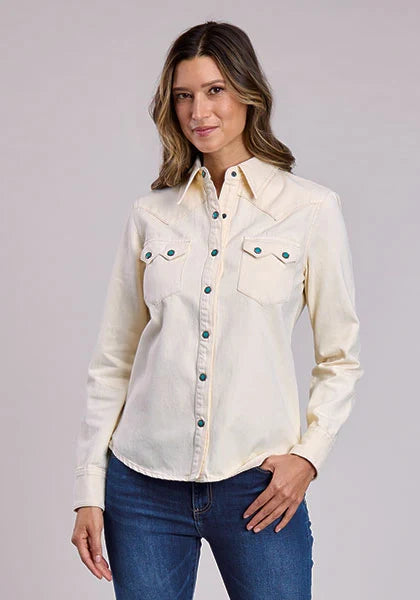 Chemisier en jean pour femme Stetson 2558 à boutons-pression turquoise (crème)