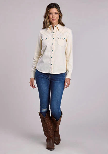Chemisier en jean pour femme Stetson 2558 à boutons-pression turquoise (crème)
