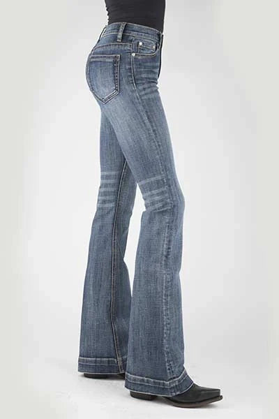 Jean femme Stetson 921, taille haute, coupe évasée, à moustaches (délavage moyen)
