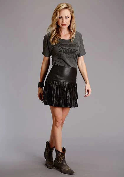 Jupe en cuir à franges Stetson Fringe Lamb (Noir) - Femme