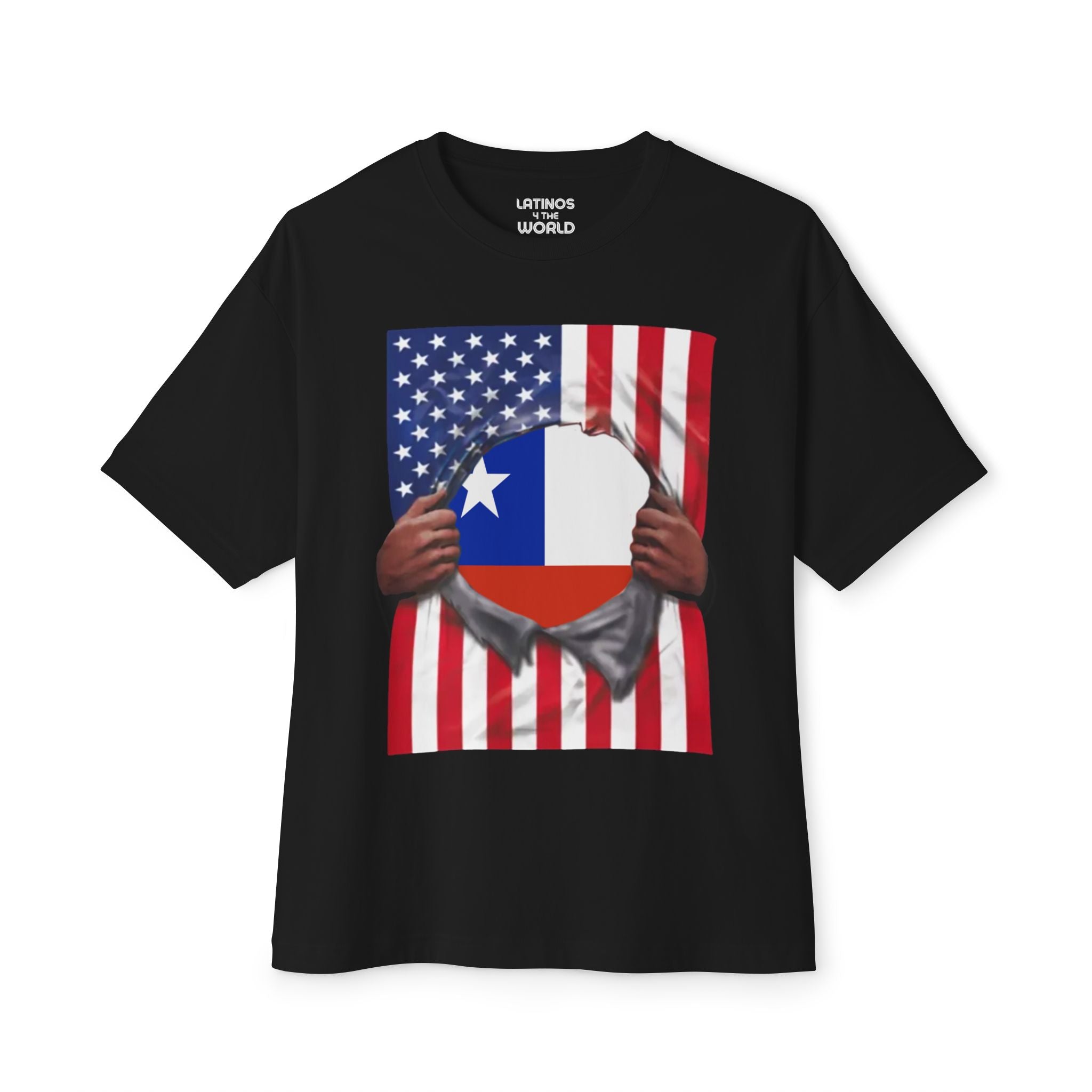 T-shirt Fierté Drapeau Chili + Drapeau États-Unis | Drapeaux Chilien + Américain déchirés 4 Juillet | T-shirts humoristiques viraux latinos | Unisexe - 4 couleurs