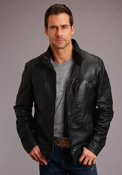Stetson Novelty Blouson en cuir lisse uni (Noir) - Blouson en cuir pour homme