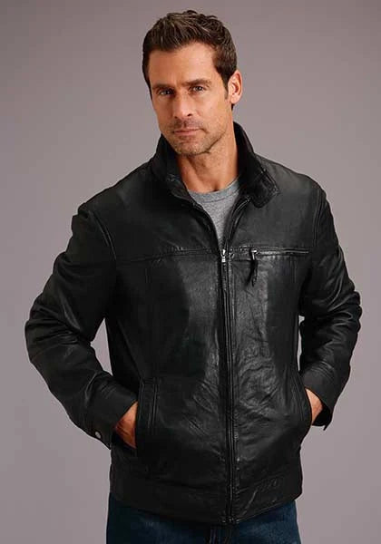 Stetson Novelty Blouson en cuir lisse uni (Noir) - Blouson en cuir pour homme