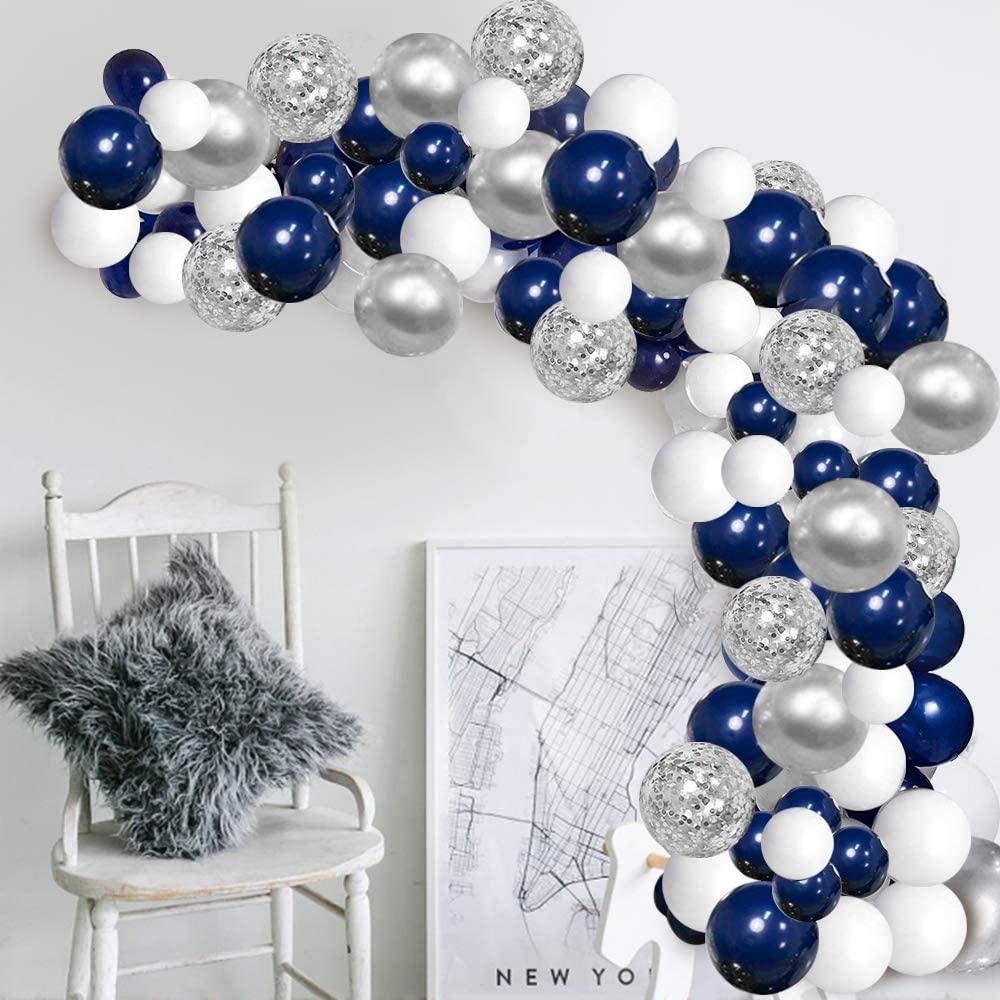 112/152 ballons de fête blanc et argent, Kit guirlande bleu marine, décoration de mariage et d'anniversaire, ballons de mariée pour mariages, anniversaires et anniversaires de garçons au design moderne, luxueux et élégant