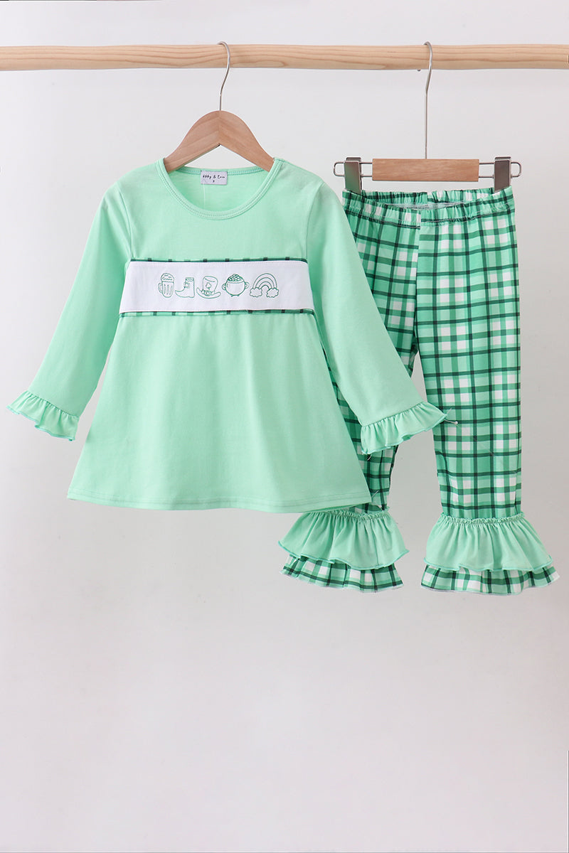 Ensemble pantalon vichy volanté brodé « Green parade »