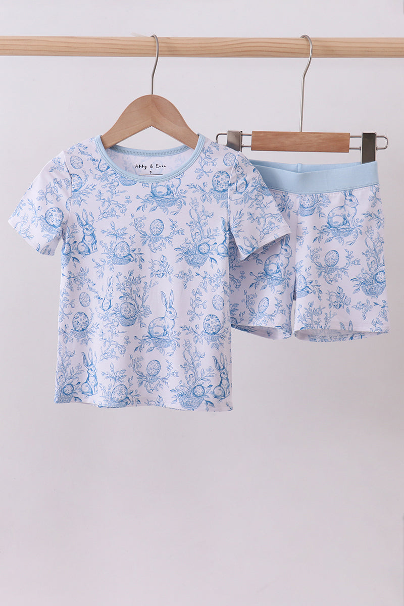 Ensemble de pyjama court en bambou motif œuf de lapin bleu