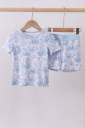 Ensemble de pyjama court en bambou motif œuf de lapin bleu