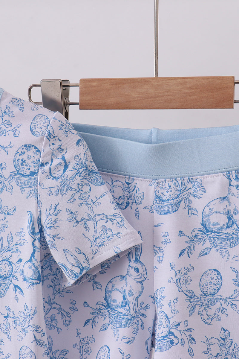 Ensemble de pyjama court en bambou motif œuf de lapin bleu