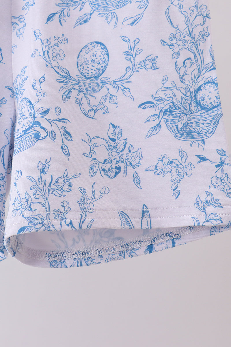 Ensemble de pyjama court en bambou motif œuf de lapin bleu