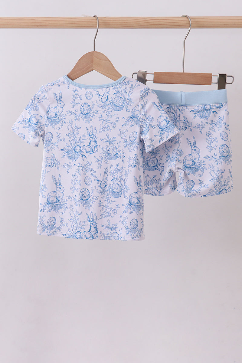 Ensemble de pyjama court en bambou motif œuf de lapin bleu