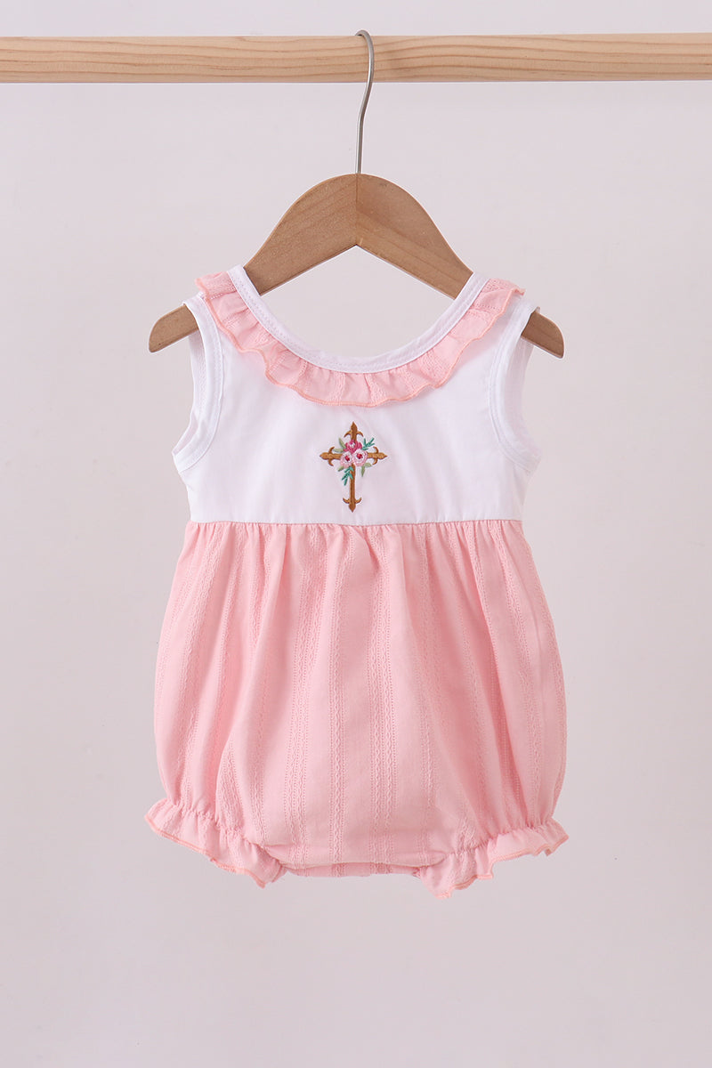 Robe bulle rose en jacquard croix brodé avec volants