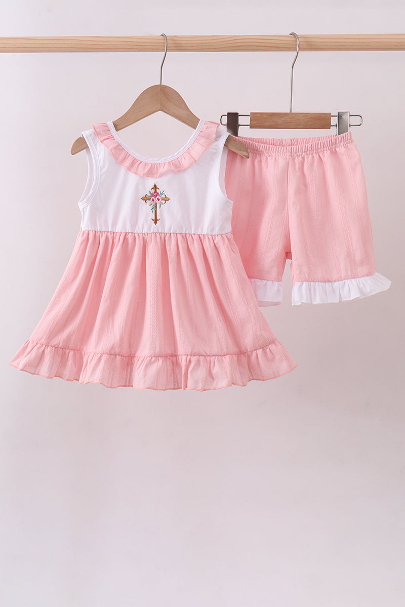 Ensemble short en jacquard à broderie croix rose