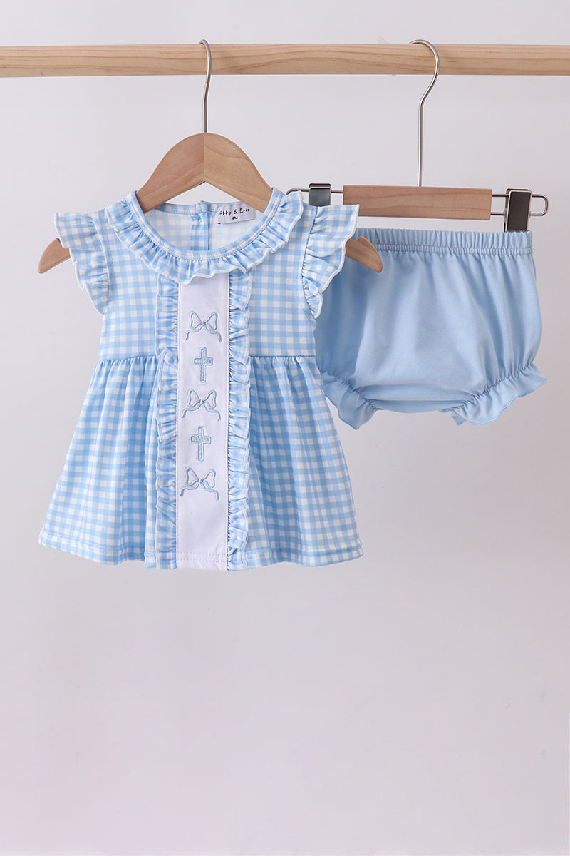 Ensemble barboteuse à smocks à carreaux vichy brodé d'un nœud papillon bleu