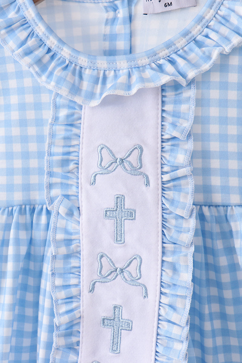 Ensemble barboteuse à smocks à carreaux vichy brodé d'un nœud papillon bleu