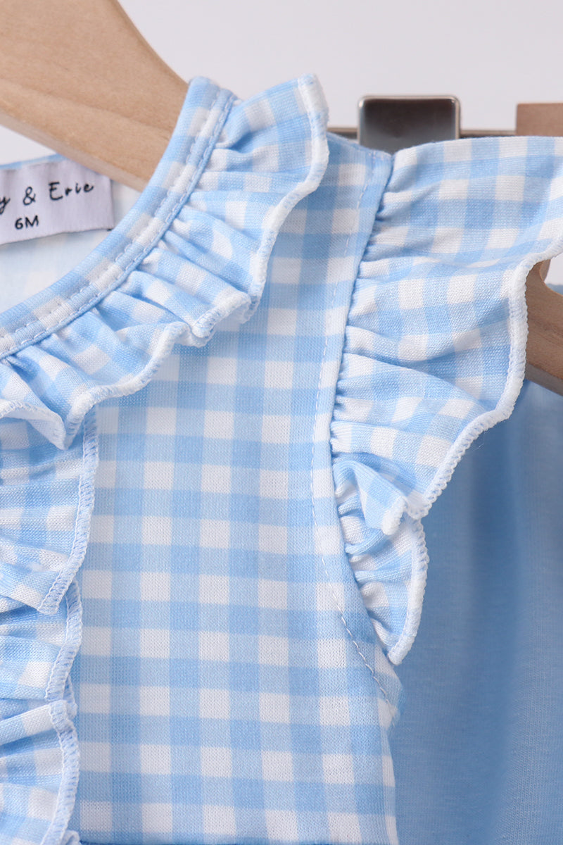Ensemble barboteuse à smocks à carreaux vichy brodé d'un nœud papillon bleu