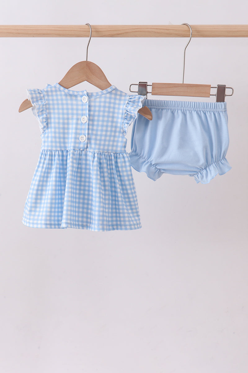 Ensemble barboteuse à smocks à carreaux vichy brodé d'un nœud papillon bleu