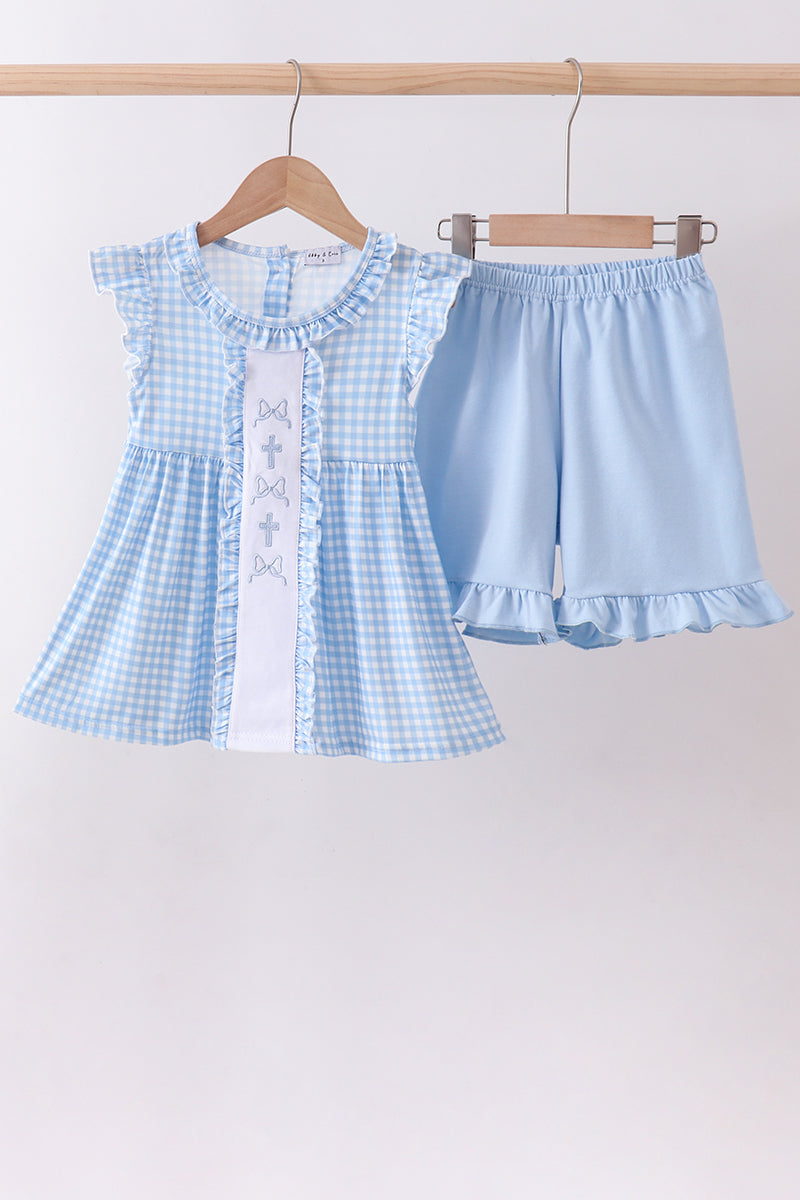 Ensemble short volanté vichy brodé d'un nœud papillon bleu
