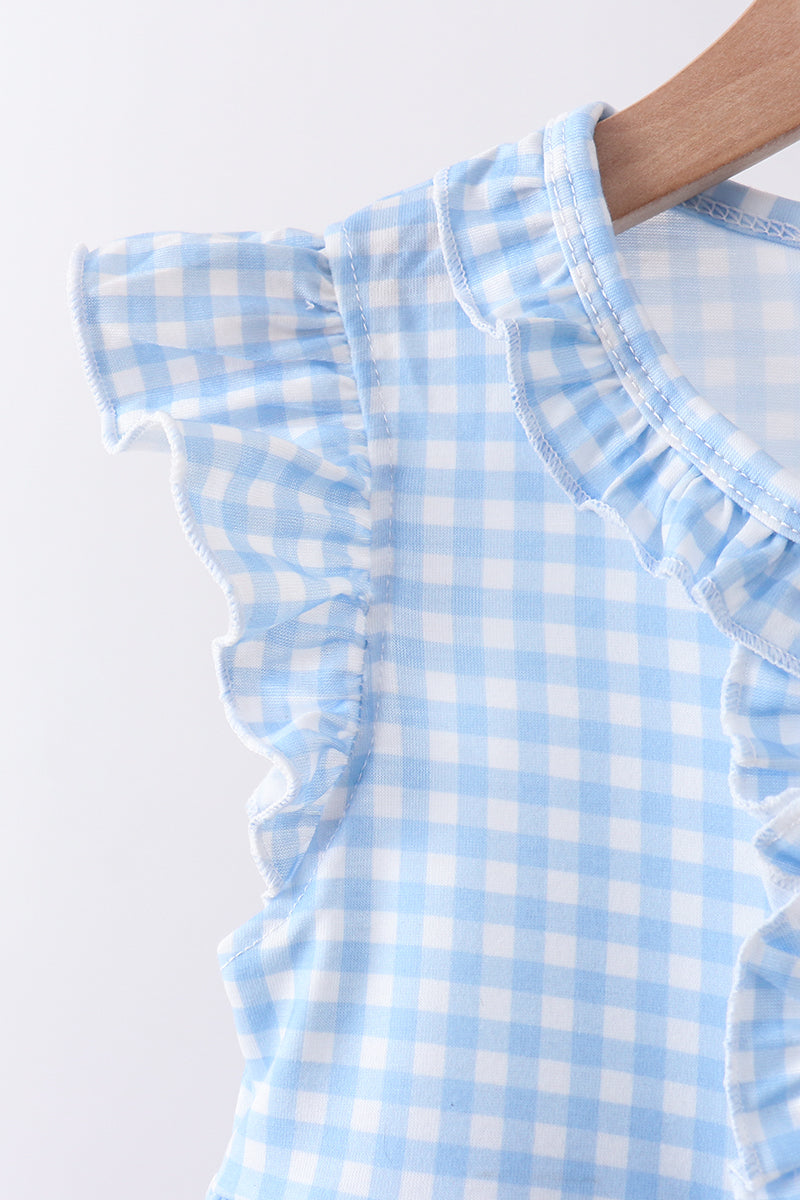 Ensemble short volanté vichy brodé d'un nœud papillon bleu
