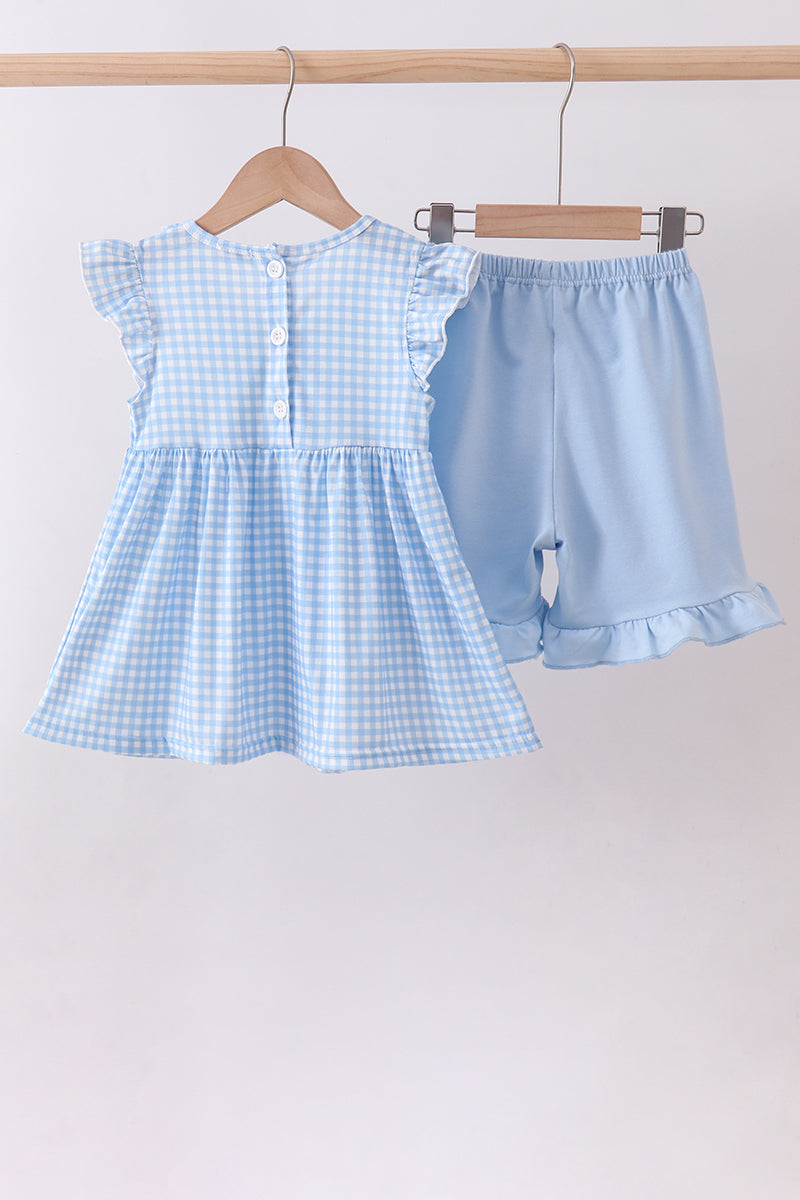 Ensemble short volanté vichy brodé d'un nœud papillon bleu