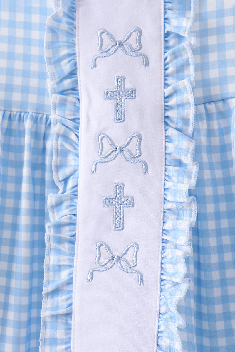 Ensemble short volanté vichy brodé d'un nœud papillon bleu