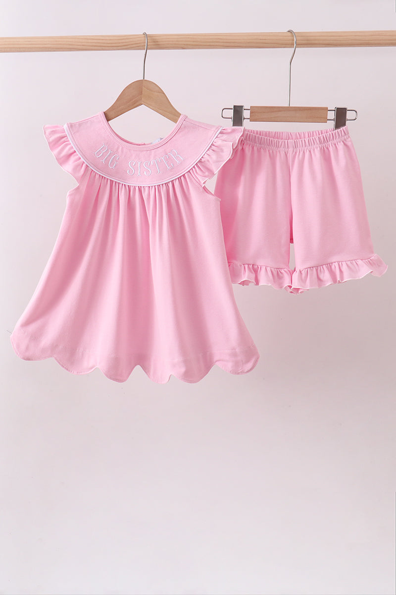 Ensemble short à volants brodé grande sœur rose