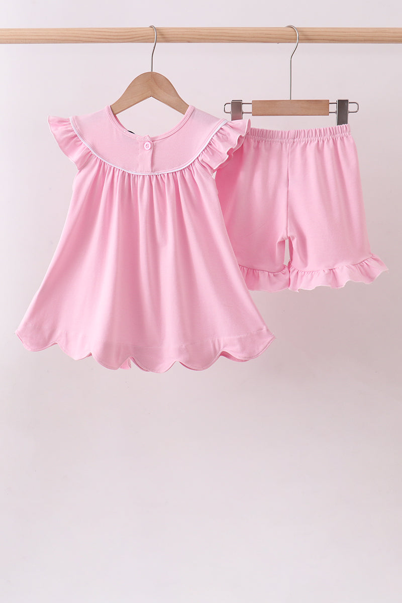 Ensemble short à volants brodé grande sœur rose
