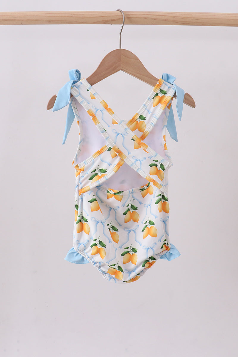 Maillot de bain une pièce citron à nœud bleu