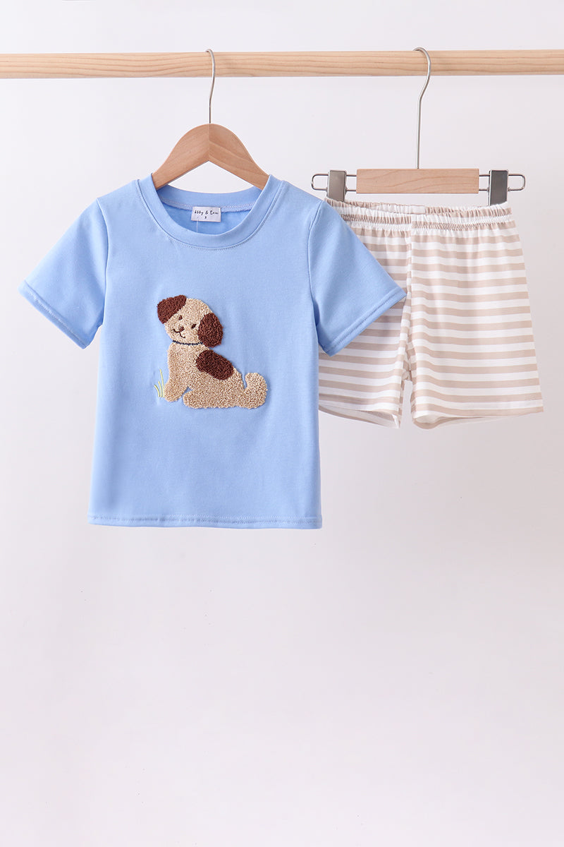 Ensemble short à rayures et broderie nœud de la puppy bleue