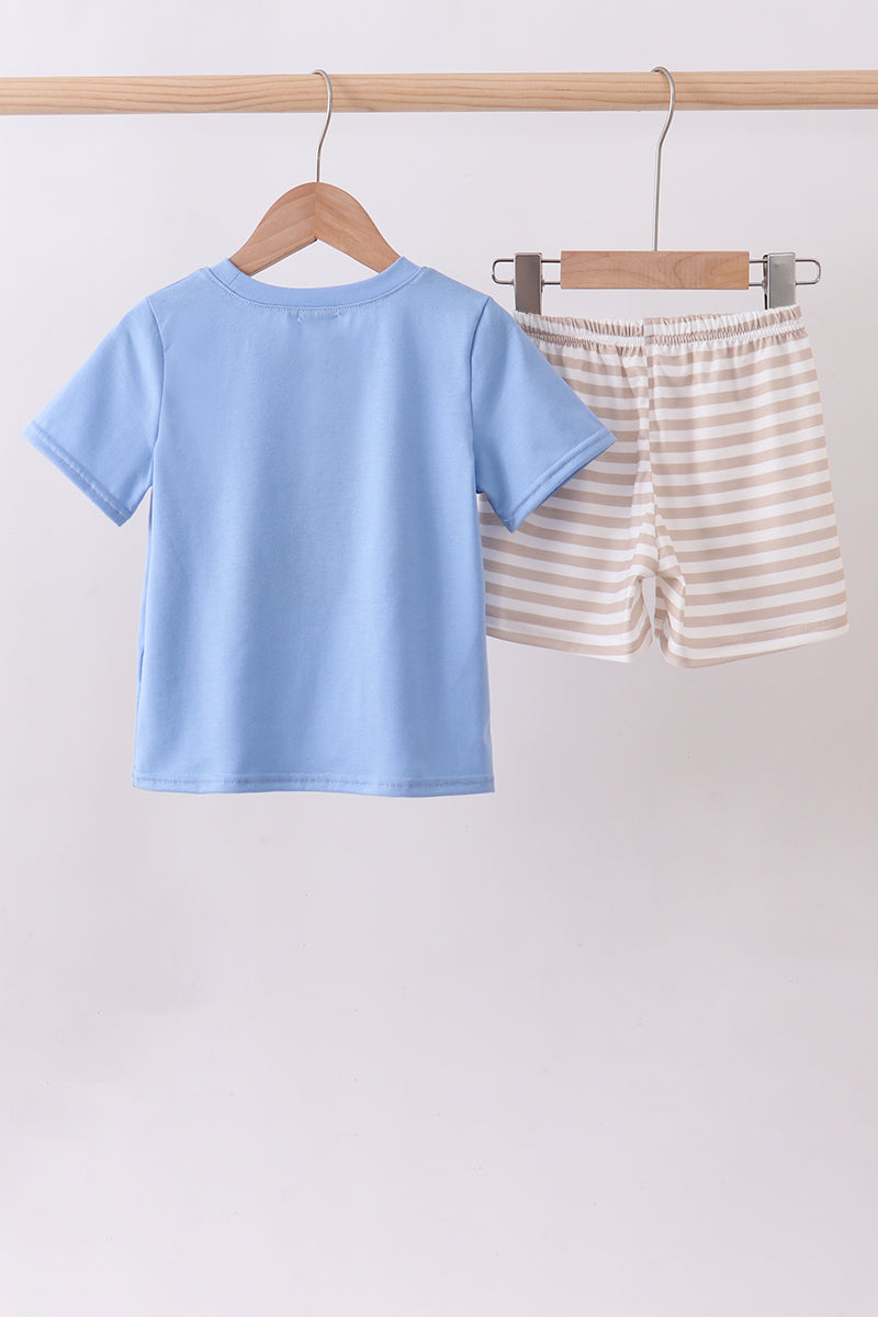 Ensemble short à rayures et broderie nœud de la puppy bleue