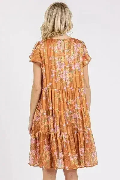 Robe caramel étagée à manches volantées imprimé fleuri – femstylo