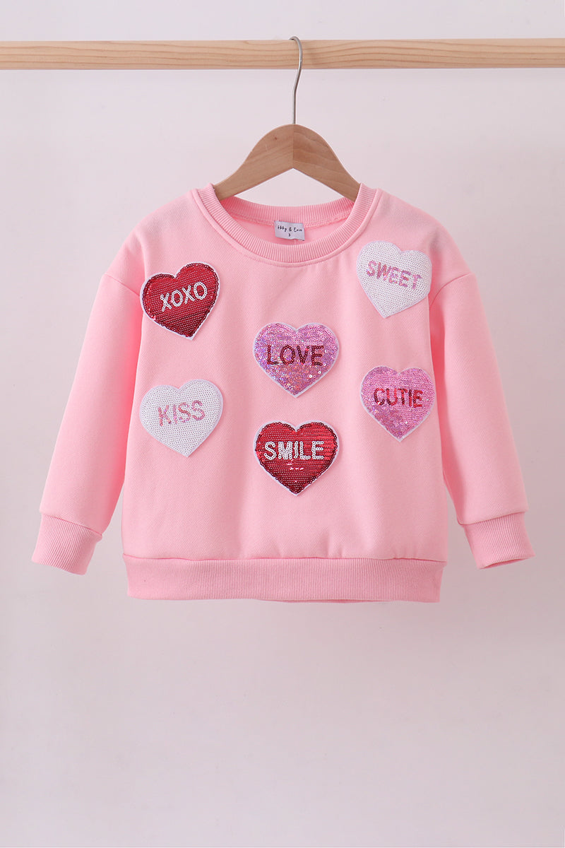 Sweatshirt molletonné réversible à sequins cœur rose amour sourire mère-fille