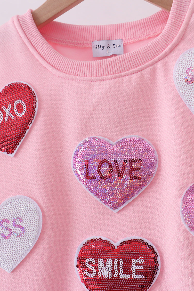 Sweatshirt molletonné réversible à sequins cœur rose amour sourire mère-fille