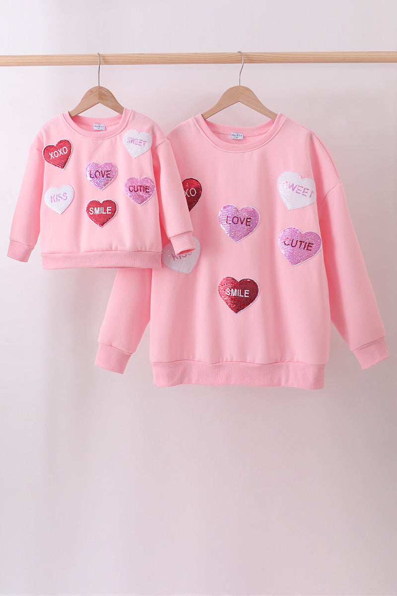 Sweatshirt molletonné réversible à sequins cœur rose amour sourire mère-fille