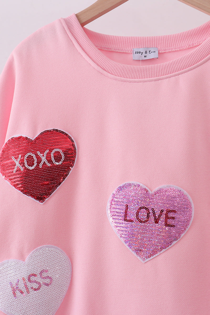 Sweatshirt molletonné réversible à sequins cœur rose amour sourire mère-fille