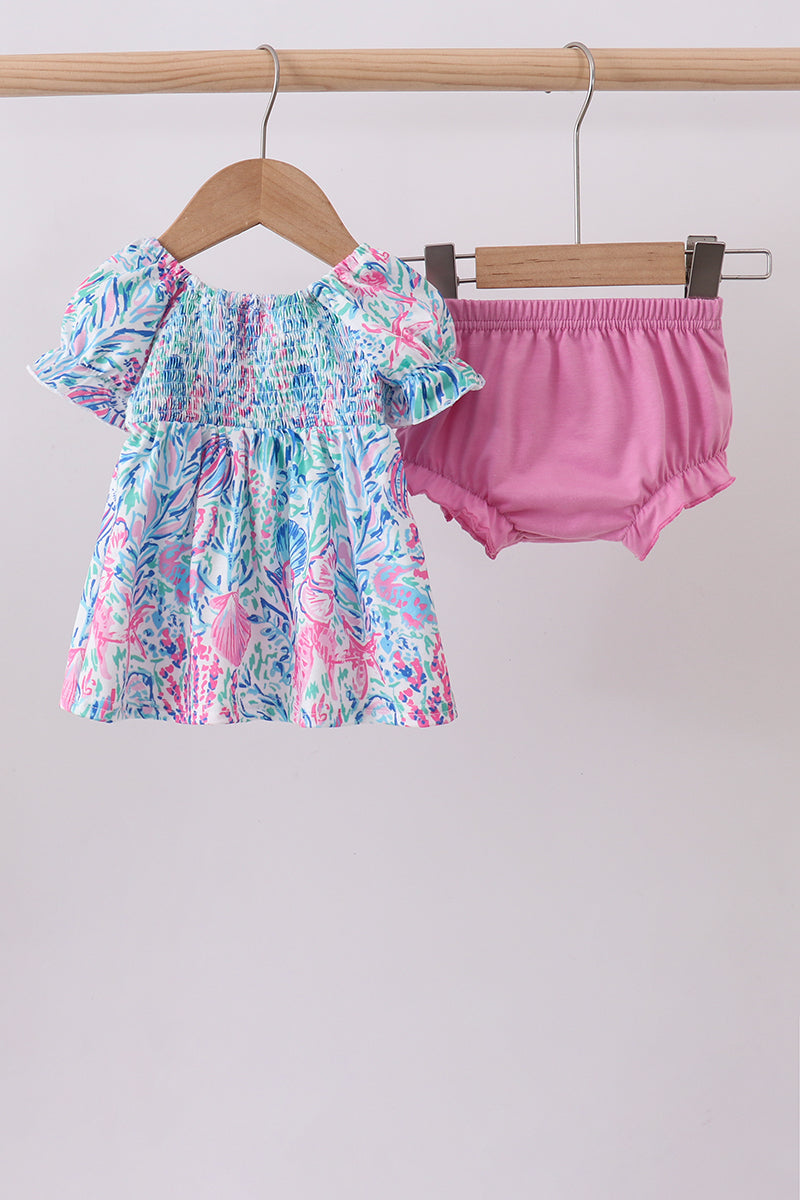 Ensemble barboteuse à smocks et volants bleu marine