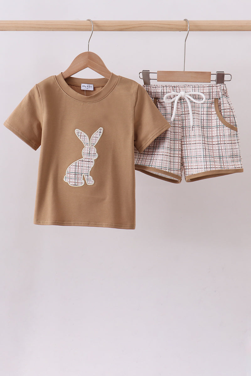 Ensemble short et top avec application lapin en vichy marron
