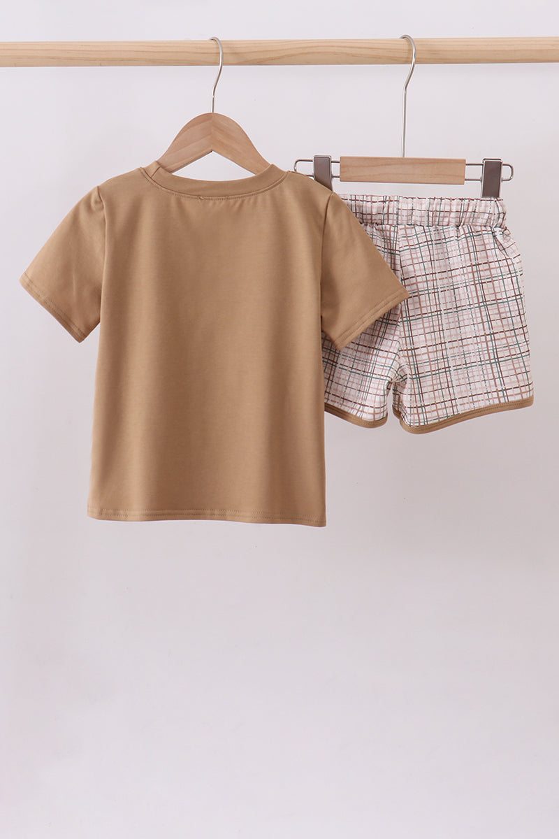 Ensemble short et top avec application lapin en vichy marron