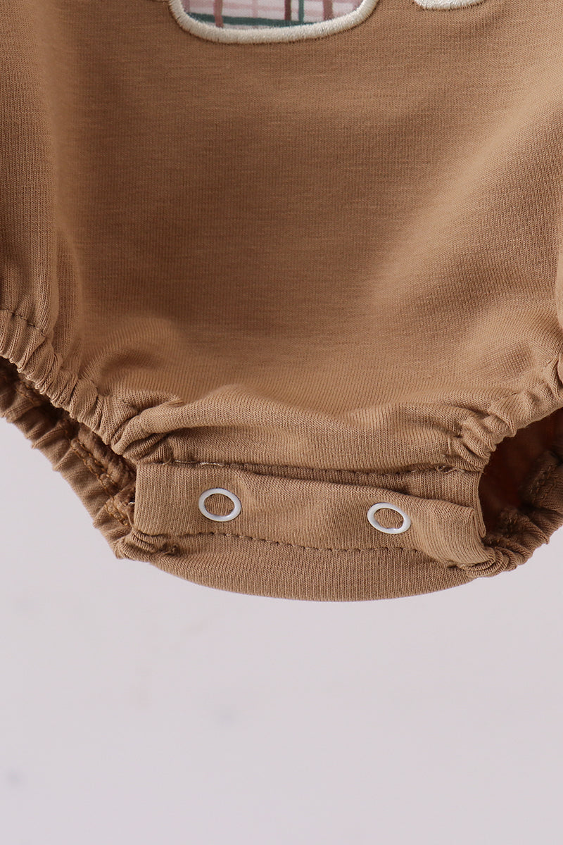 Barboteuse marron à applique lapin en tissu écossais