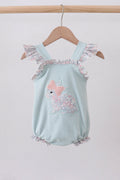 Barboteuse à volants bleue avec applique lapin fleurie