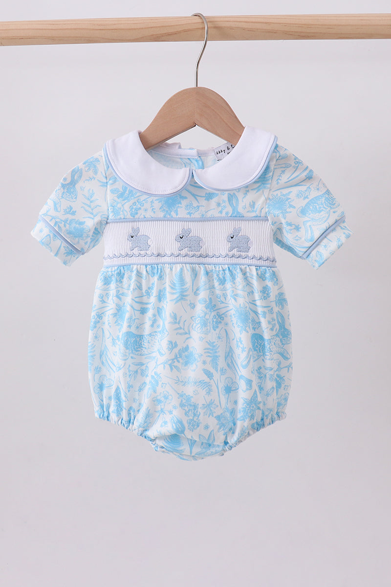 Barboteuse col claudine smockée lapin bleu