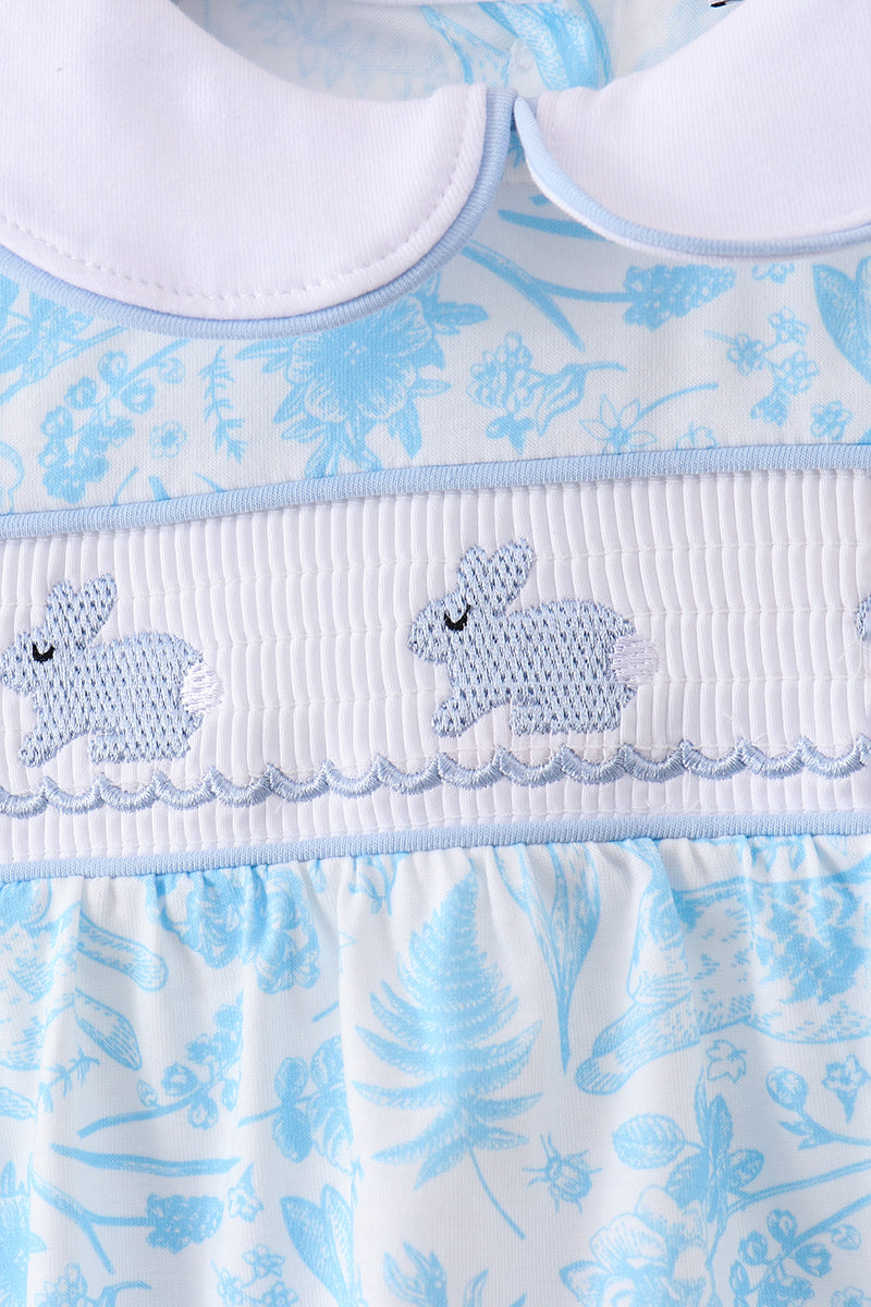 Barboteuse col claudine smockée lapin bleu