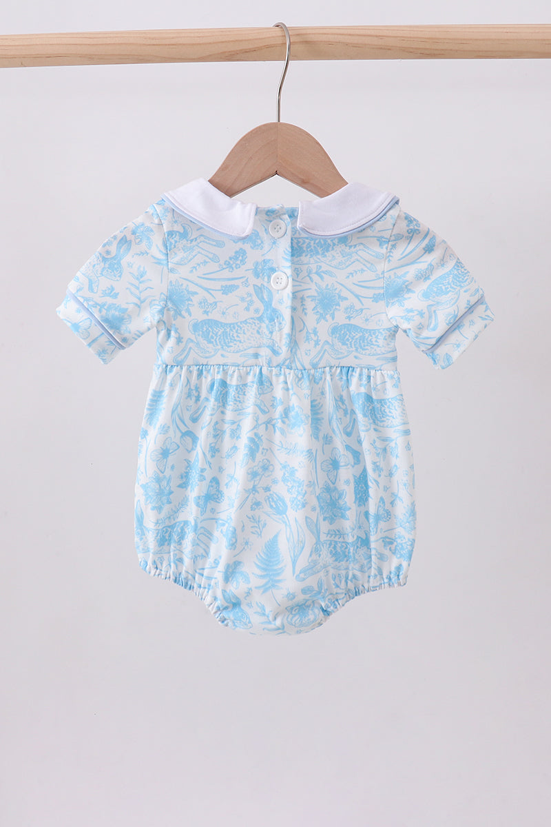 Barboteuse col claudine smockée lapin bleu
